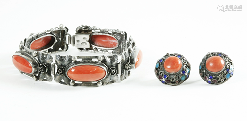 Silver & Coral Link Bracelet, Coral Earrings