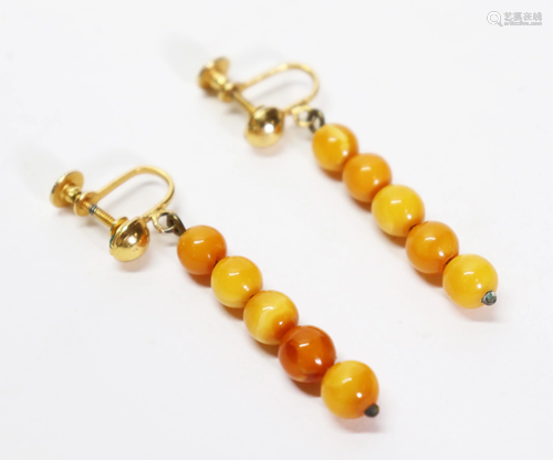 Butterscotch Amber 5 Bead Drop Earrings; 4.6G