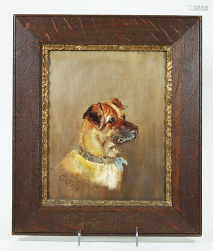 G Tilly; 19 C Dog Art Oil Board Blue Bow a Terrier