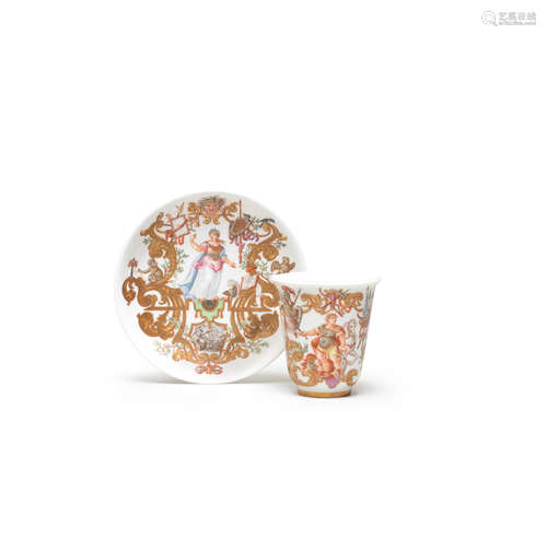 A very rare Meissen Hausmaler beaker and saucer, circa 1728-30