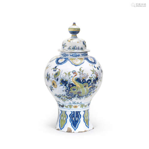 A large Dutch Delft baluster vase and cover, De Paauw factory, circa 1700