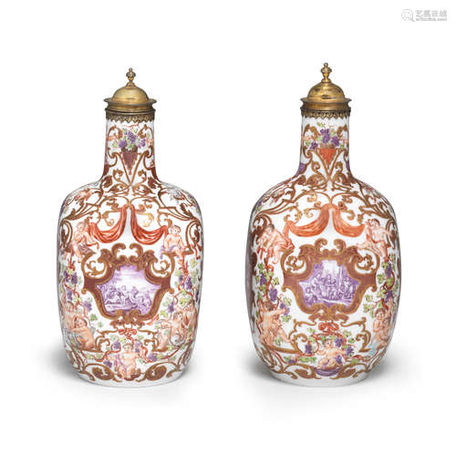 A very rare pair of Meissen gilt-metal-mounted bottles decorated by Ignaz Bottengruber, circa 1725-30