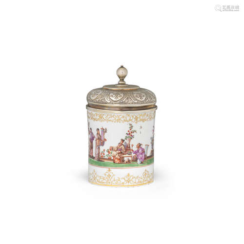 A rare Meissen tobacco jar with a silver cover, circa 1725