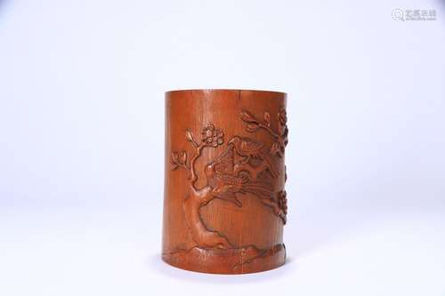 A Chinese Bamboo Flower And Bird Carved Brush Pot