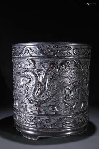 A Chinese Rosewood Brush Pot With Dragon Carving