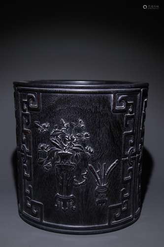 A Chinese Rosewood Brush Pot With Flower Pattern