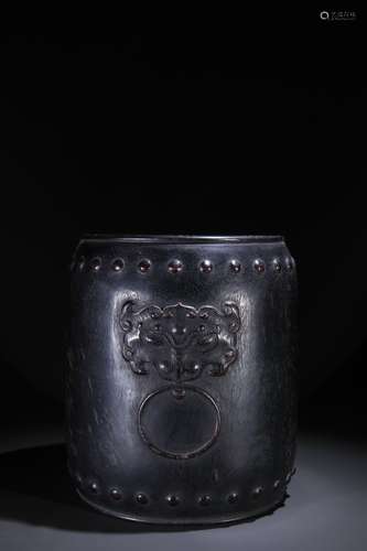 A Chinese Rosewood Brush Pot With Beast Carving