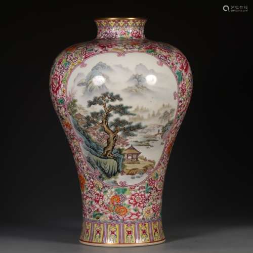 A Chinese Porcelain Famille Rose Scene Carved Vase