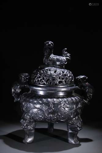 A Chinese Rosewood Beast Carved Censer