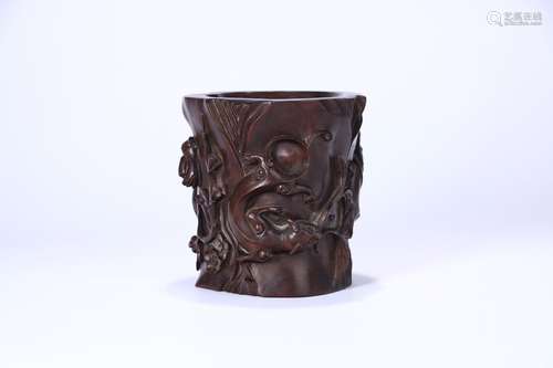 A Chinese Rosewood Dragon Carved Brush Pot