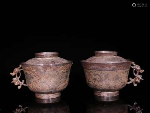 Pair Of Silver Dragon Carved Cups