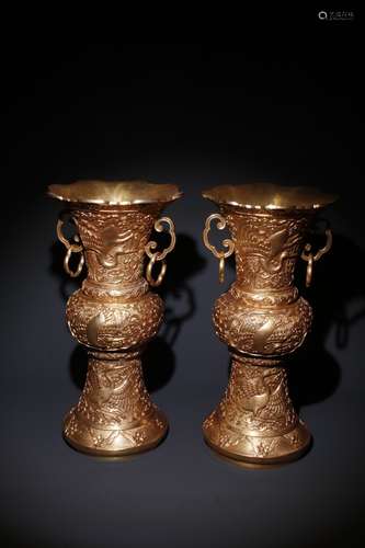 Pair Of Chinese Gilt Bronze Crane Carved Vases