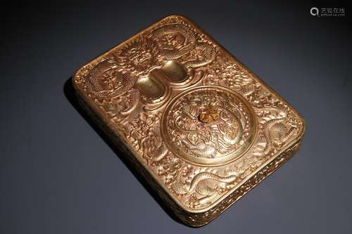 A Chinese Gilt Bronze Dragon Carved Ink Slab With Roof