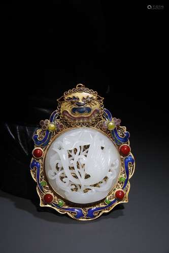 A Chinese Gilt Silver Enameling Blue With Hetian Jade Pendant