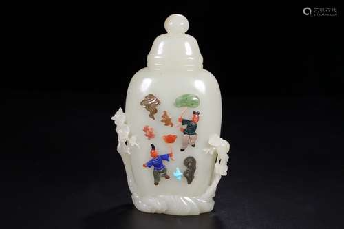 A Chinese Hetian Jade Asupicious Pattern Carved Vase With Gems