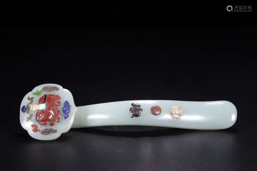 A Chinese Hetian Jade Asupicious Ruyi Ornament With Gems