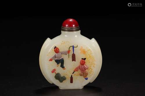 A Chinese Hetian Jade Auspicious Pattern Carved Snoof Bottle With Gems