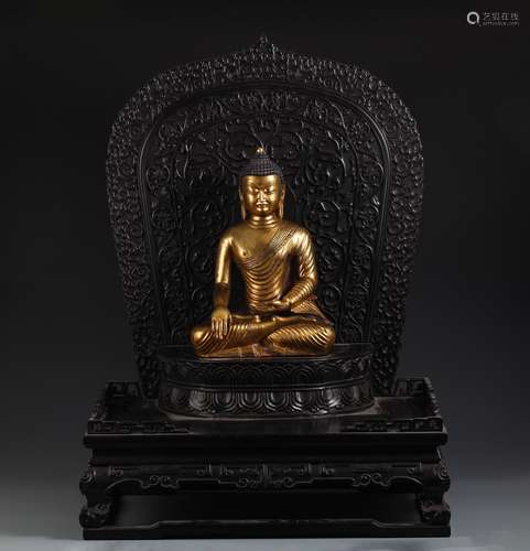 A Chinese Rosewood Gautama Buddha With Buddhist Altar