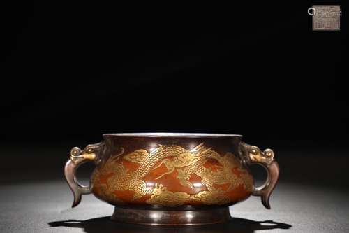 A Chinese Gilt Bronze Dragon Carved Ear Censer