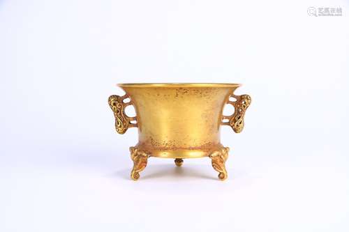 A Chinese Gilt Bronze 3-Leg Ear Censer