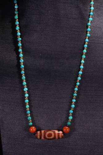 A Chinese 3-Eye Dzi Turquoise Stone Necklace