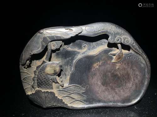 A Chinese Duan Stone With Lotus And Carp Carved Ink Slab