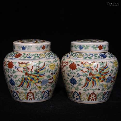 Pair Of Chinese Porcelian Doucai Phoenix Carved Jars