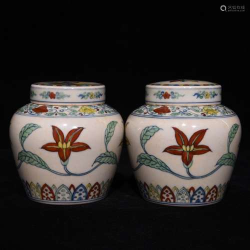 Pair Of Chinese Doucai Flower Carved Jars