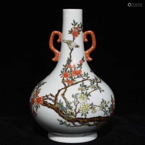 A Chinese Porcelain Famille Rose Flower And Bird Carved Ear Vase