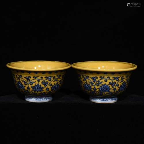 Pair Of Chinese Blue&White Cups With Yellow Glazed