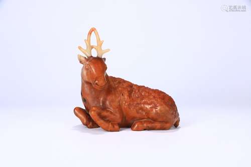 A Chinese Yellow Pear Wood Deer Ornament With Shoushan Stone