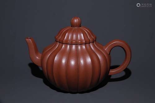 A Chinese Zisha Teapot With Pumkin Carving