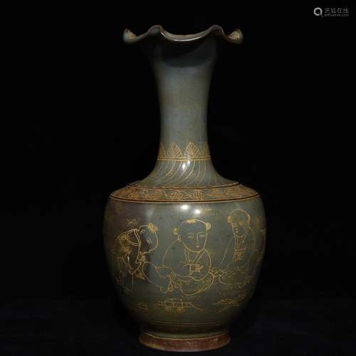 A Chinese Porcelain Jun Yao Story Carved Vase With Golden Painting