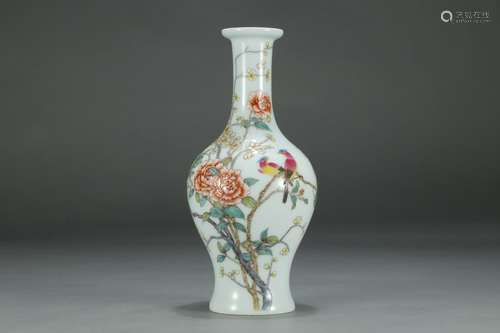 A Chinese Porcelain Famille Rose Flower And Bird Carved Vase