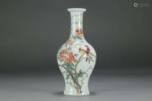 A Chinese Porcelain Famille Rose Flower And Bird Carved Vase
