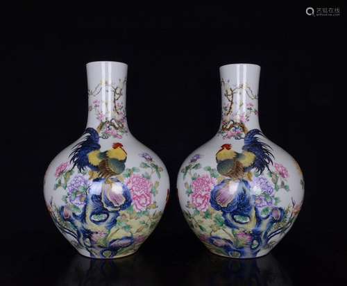 Pair Of Chinese Porcelain Enameled Auspicious Moon Flask Vases