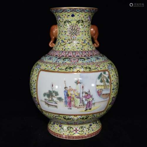 A Chinese Porcelain Famille Rose Story Carved Vase