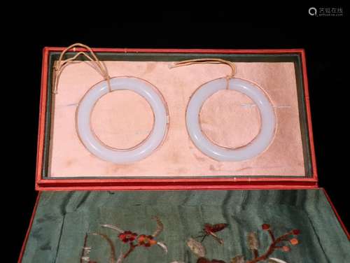 Pair Of Chinese Hetian Jade Bangles With Pattern