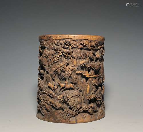 A BAMBOO CARVED BRUSH POT
