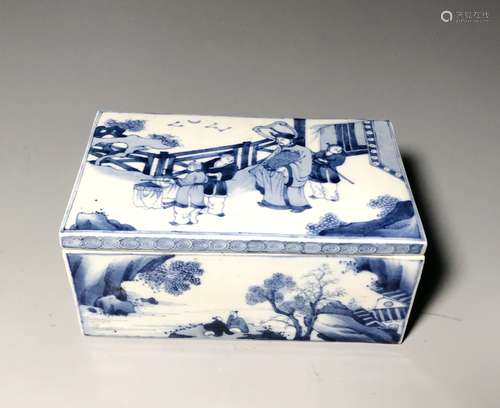 A BLUE AND WHITE RECTANGULAR BOX AND COVER