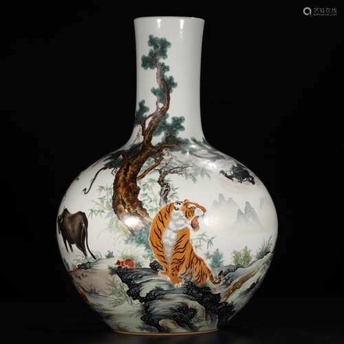 A Chinese Enameled Poetry and Twelve Zodiacs Bottle Vase