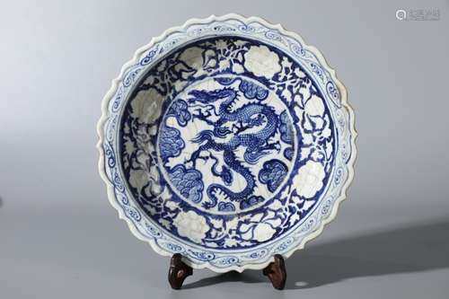 A Chinese Blue-and-White Dragon Pattern Plate