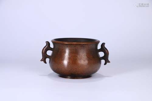 A Chinese Silver Inlaid Double Ears Bronze Censer