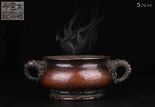 A Chinese Silver Inlaid Bronze Bamboo joint Ear-Censer