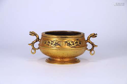 A Chinese Gilt Bronze Double Dragons Ear-Censer