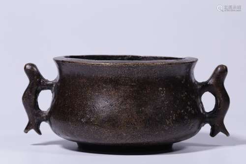 A Chinese Bronze Double Fishes Ear-Censer