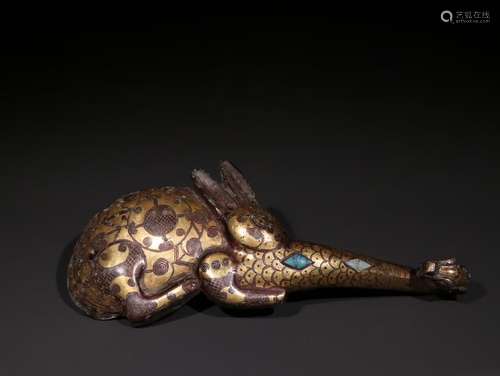 A Chinese Bronze Ware Gilt Siver and Gold Rabbit Shaped Hook Embedded with Turquoise Stone