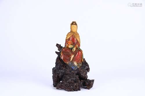 A Chinese Shoushan Stone of Colored Guanyin Ornament