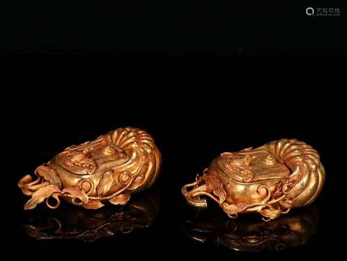 A Pair of Chinese Gilt Bronze Squash Shaped Boxs