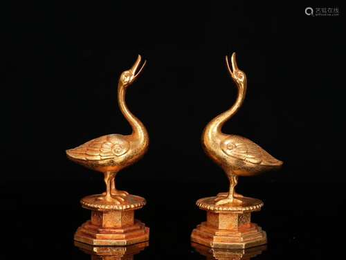 A Pair of Chinese Gilt Bronze Goose Shaped Ornaments